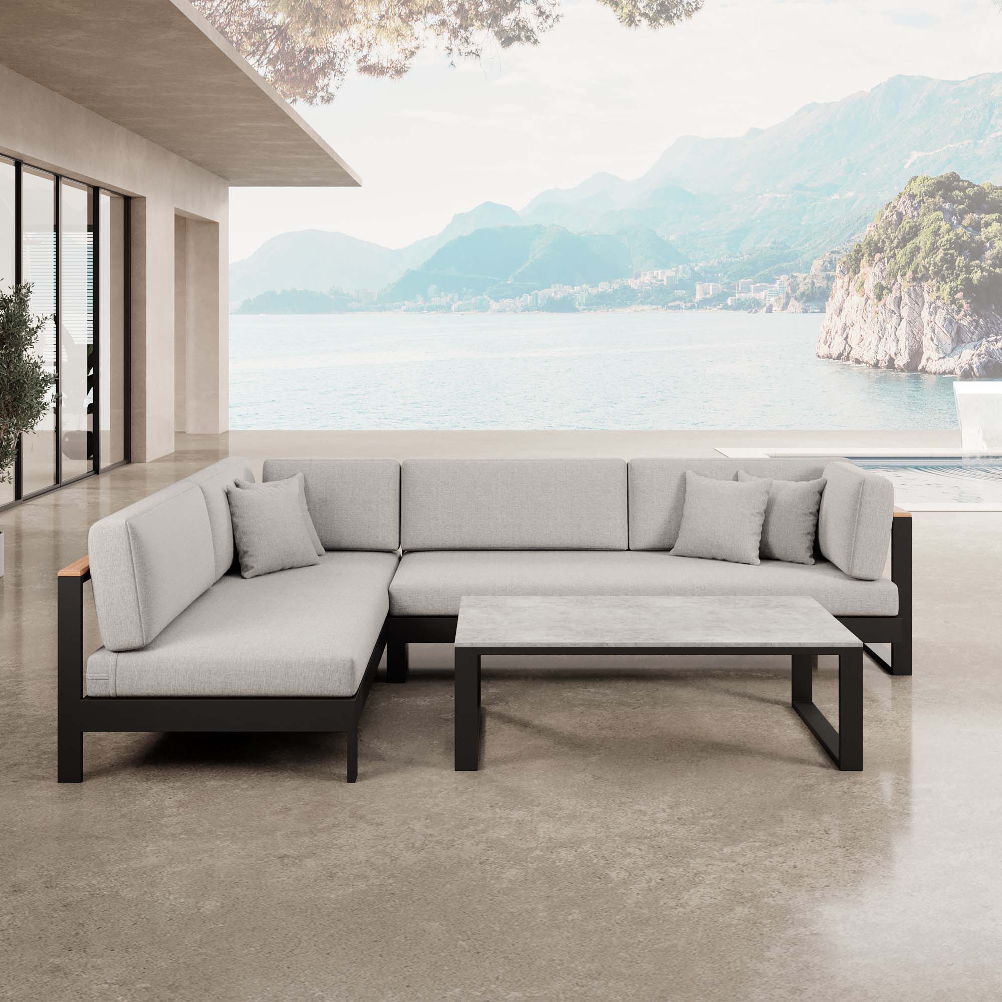 Vayla – Ecklounge, hoekbank & tafel van zwart aluminium | Aevora™ Kollektion