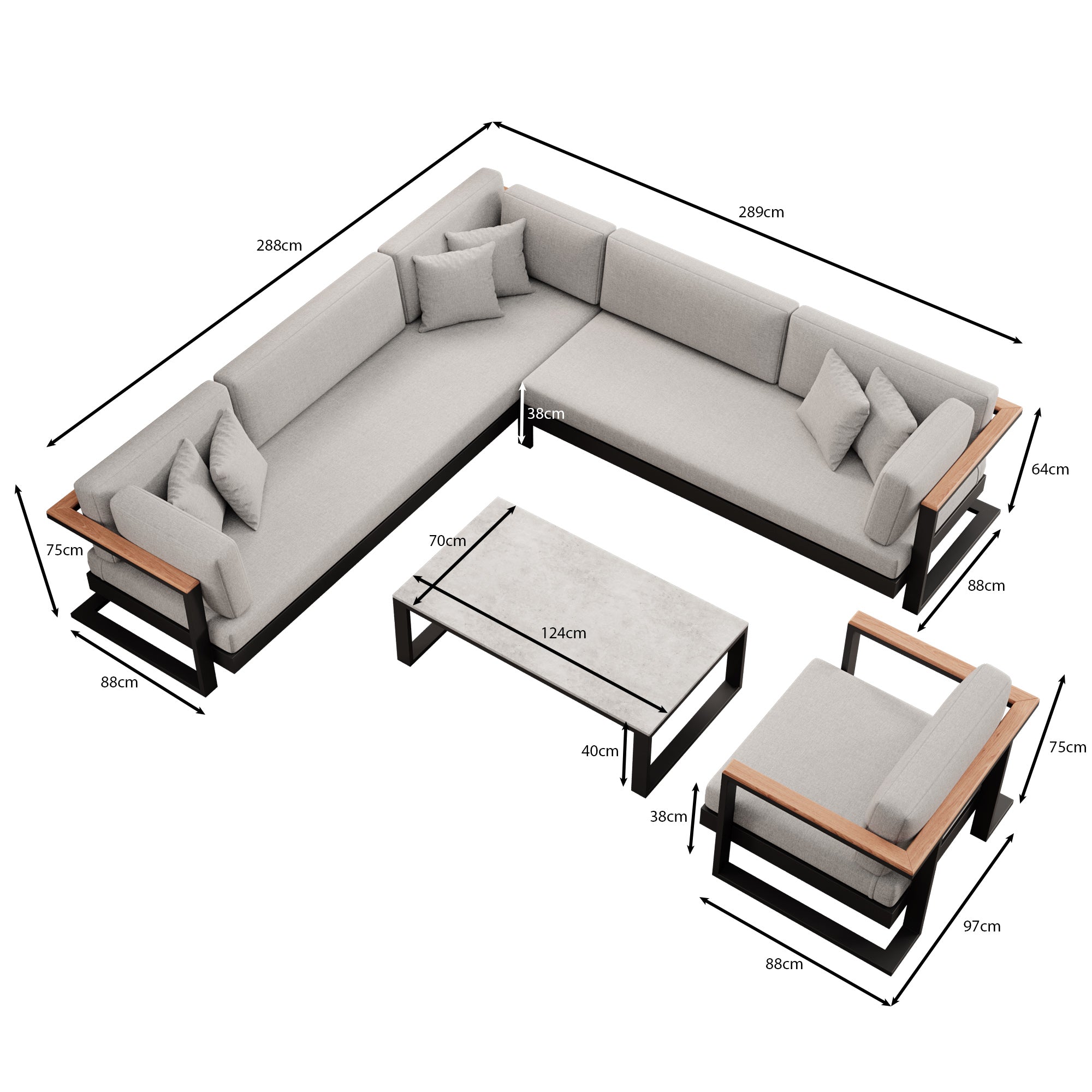 Vayla – Loungegroep met hoekbank, loungestoel & tafel van zwart aluminium | Aevora™ Kollektion