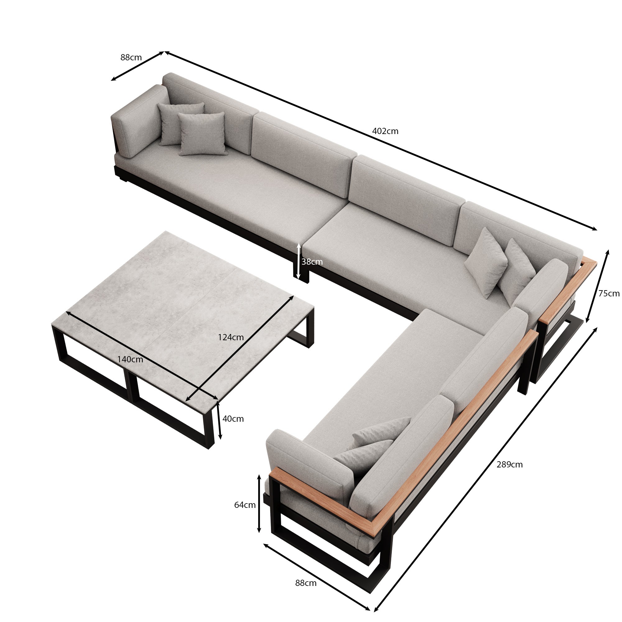 Vayla – Woonlandschap met dubbele tafel & hoekbank van zwart aluminium | Aevora™ Kollektion