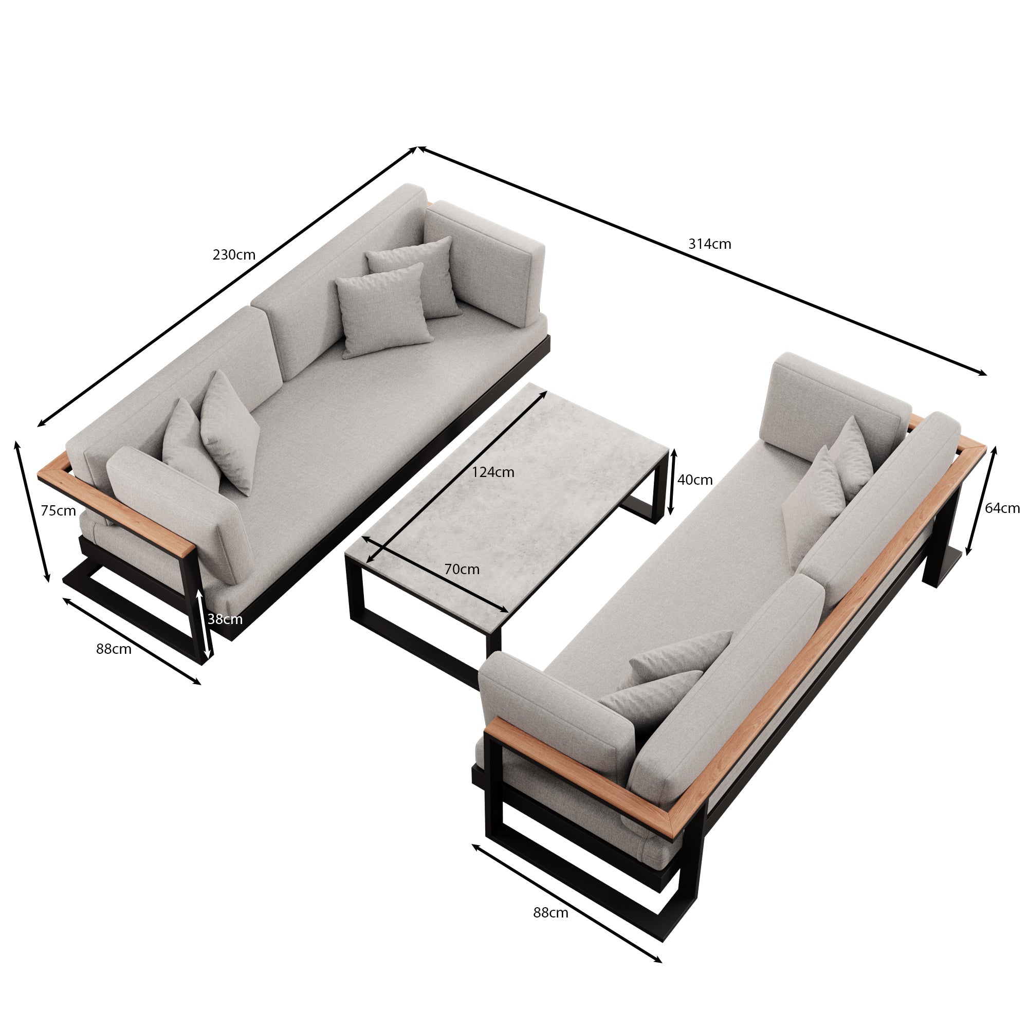 Vayla – 2 tweezitsbanken & tafel van zwart aluminium | Aevora™ Kollektion