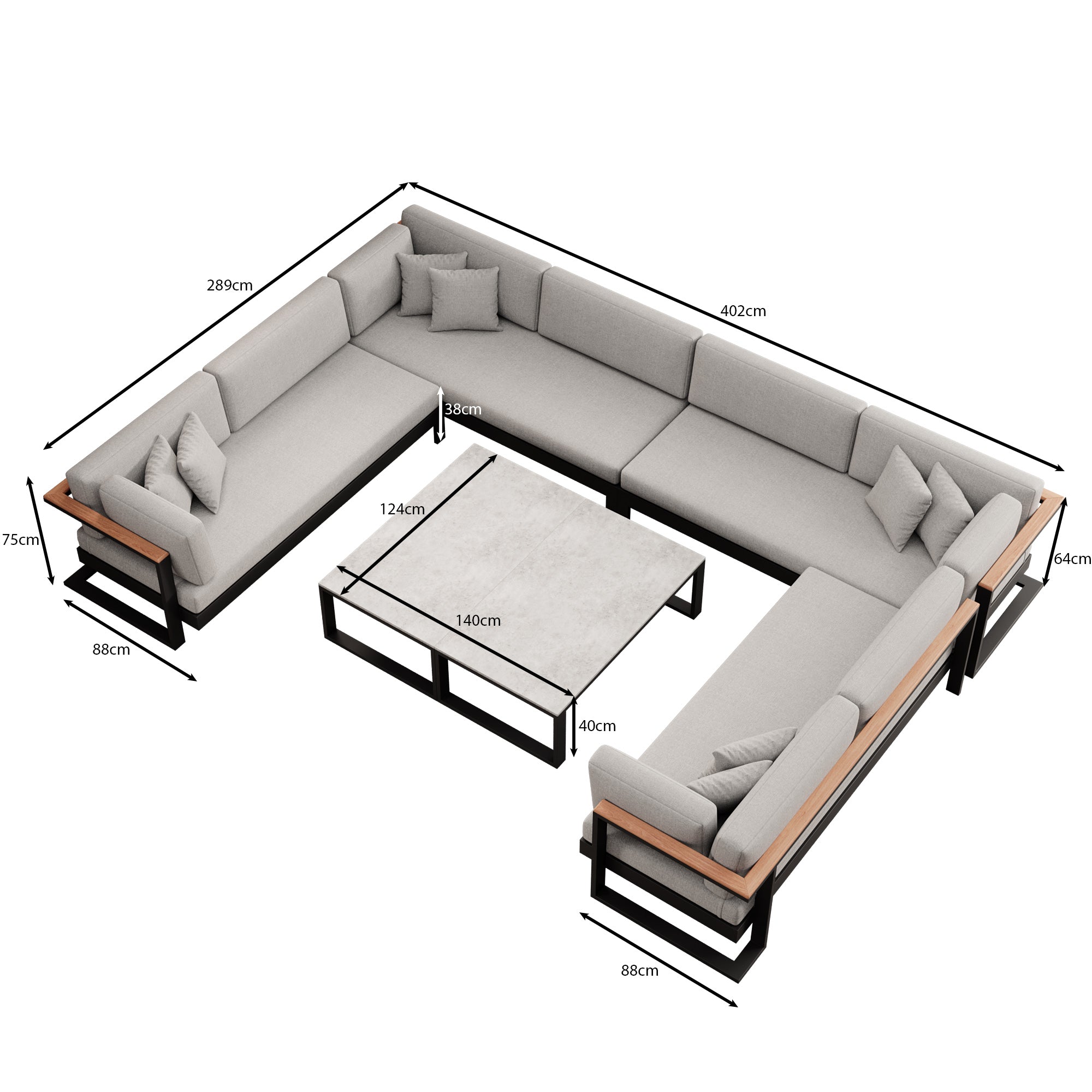 Vayla – U-vormige woonlandschap met tafel van zwart aluminium | Aevora™ Kollektion