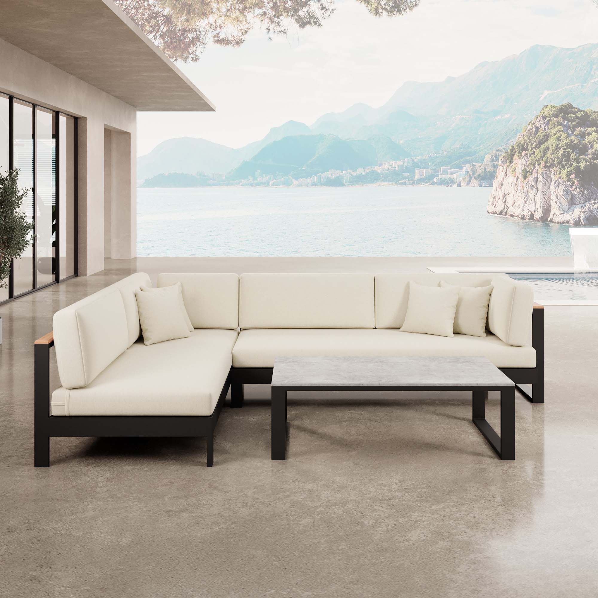 Vayla – Ecklounge, hoekbank & tafel van zwart aluminium | Aevora™ Kollektion