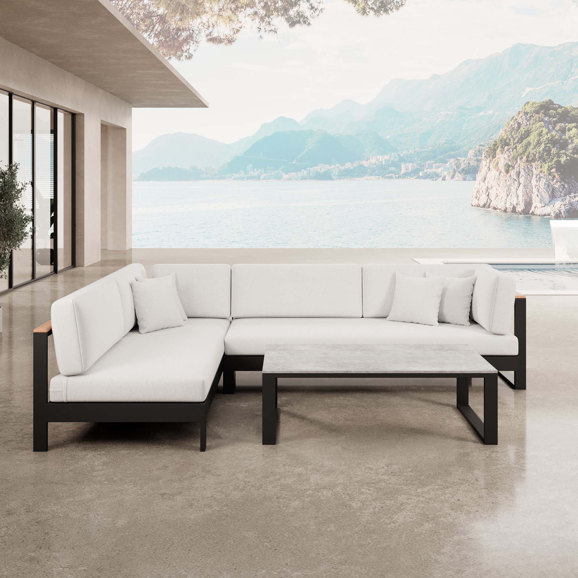 Vayla – Ecklounge, hoekbank & tafel van zwart aluminium | Aevora™ Kollektion