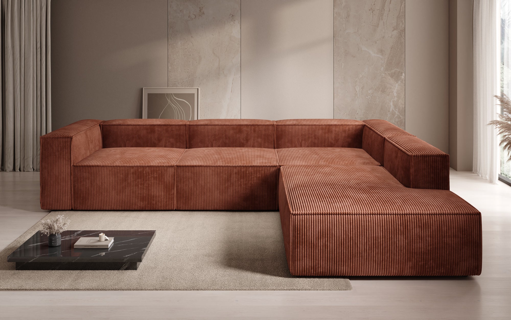 Designer Sofa Lesley L met lange ottomaan in Ribstof