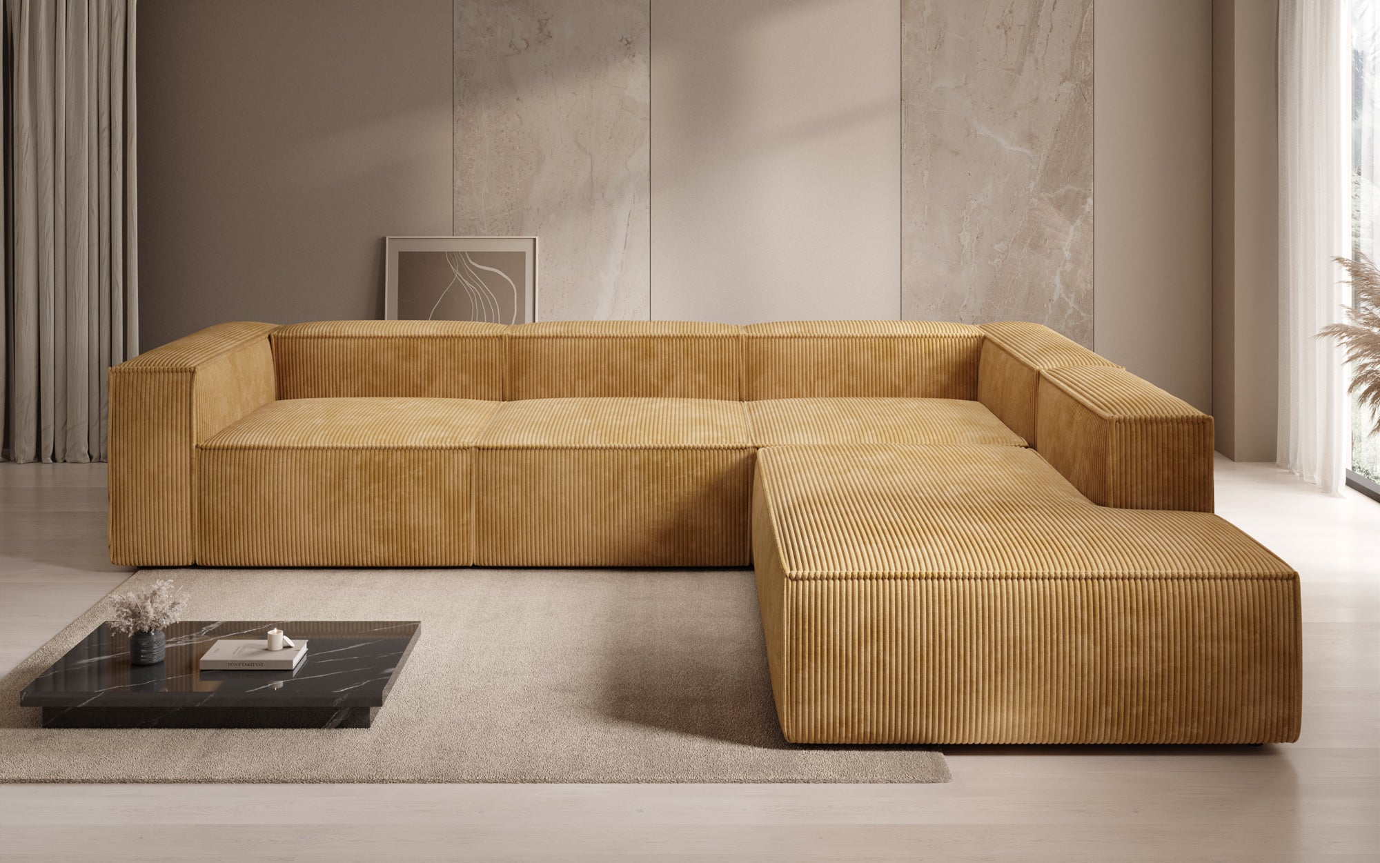 Designer Sofa Lesley L met lange ottomaan in Ribstof