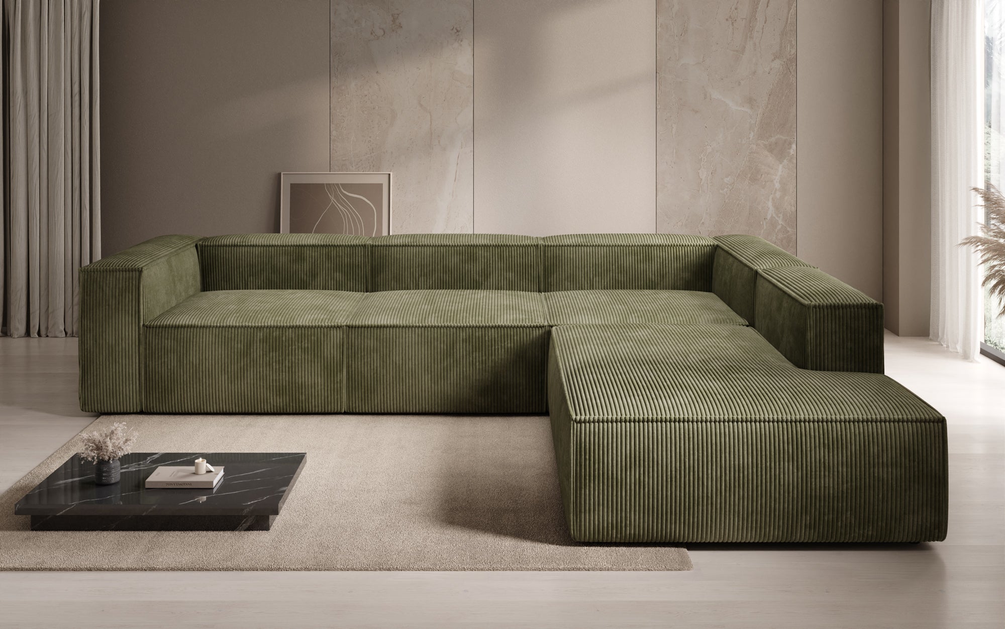Designer Sofa Lesley L met lange ottomaan in Ribstof