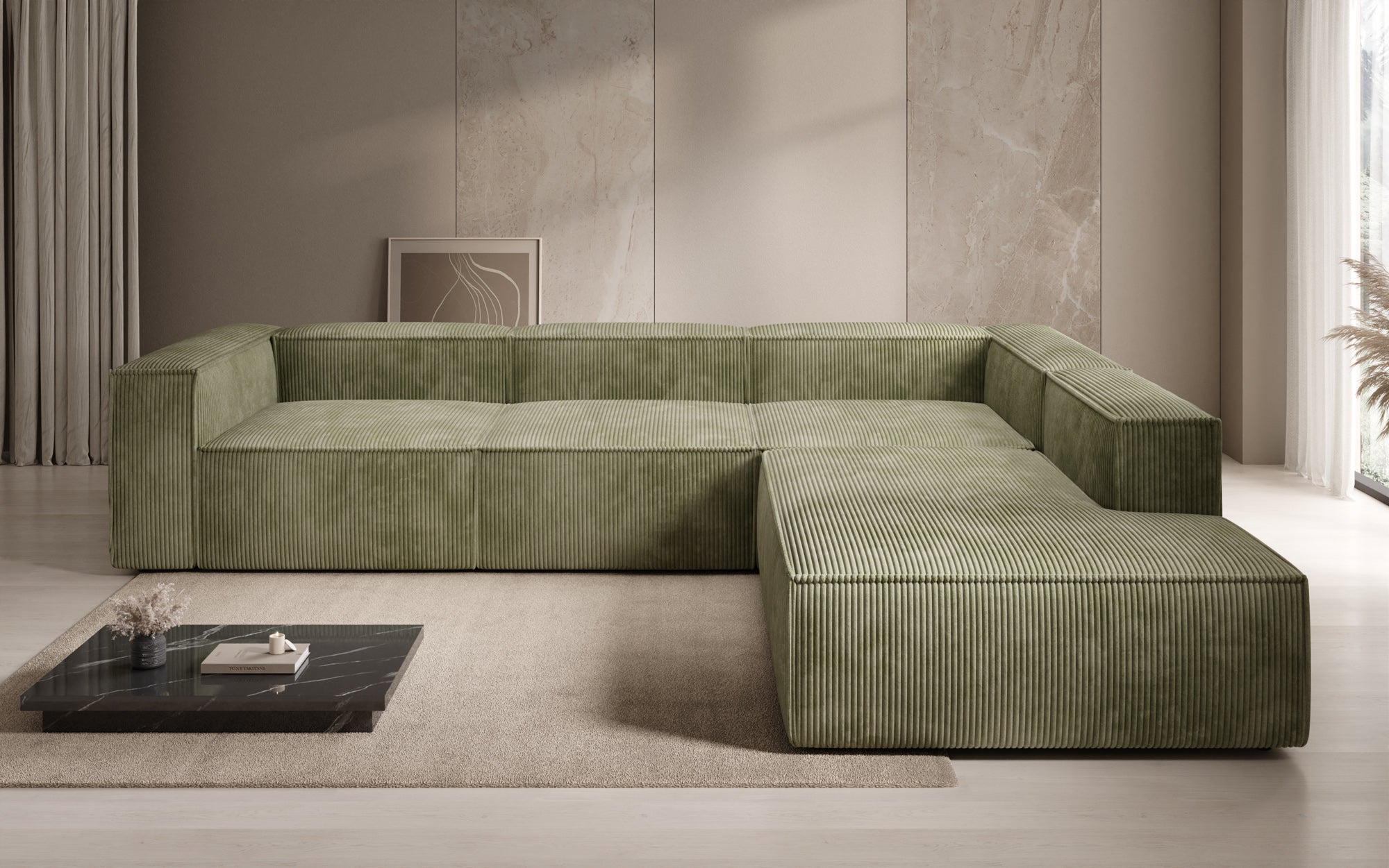 Designer Sofa Lesley L met lange ottomaan in Ribstof