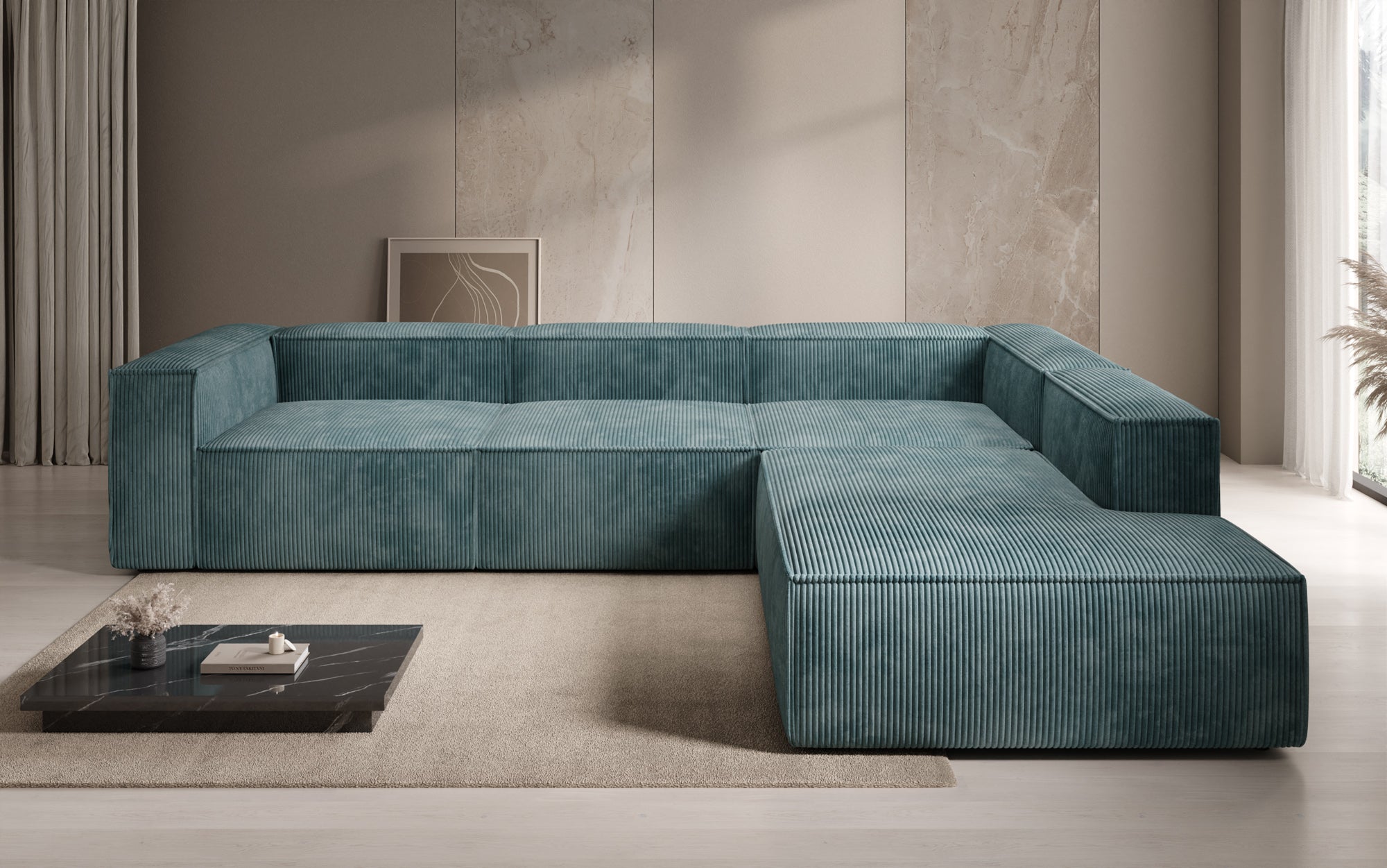 Designer Sofa Lesley L met lange ottomaan in Ribstof