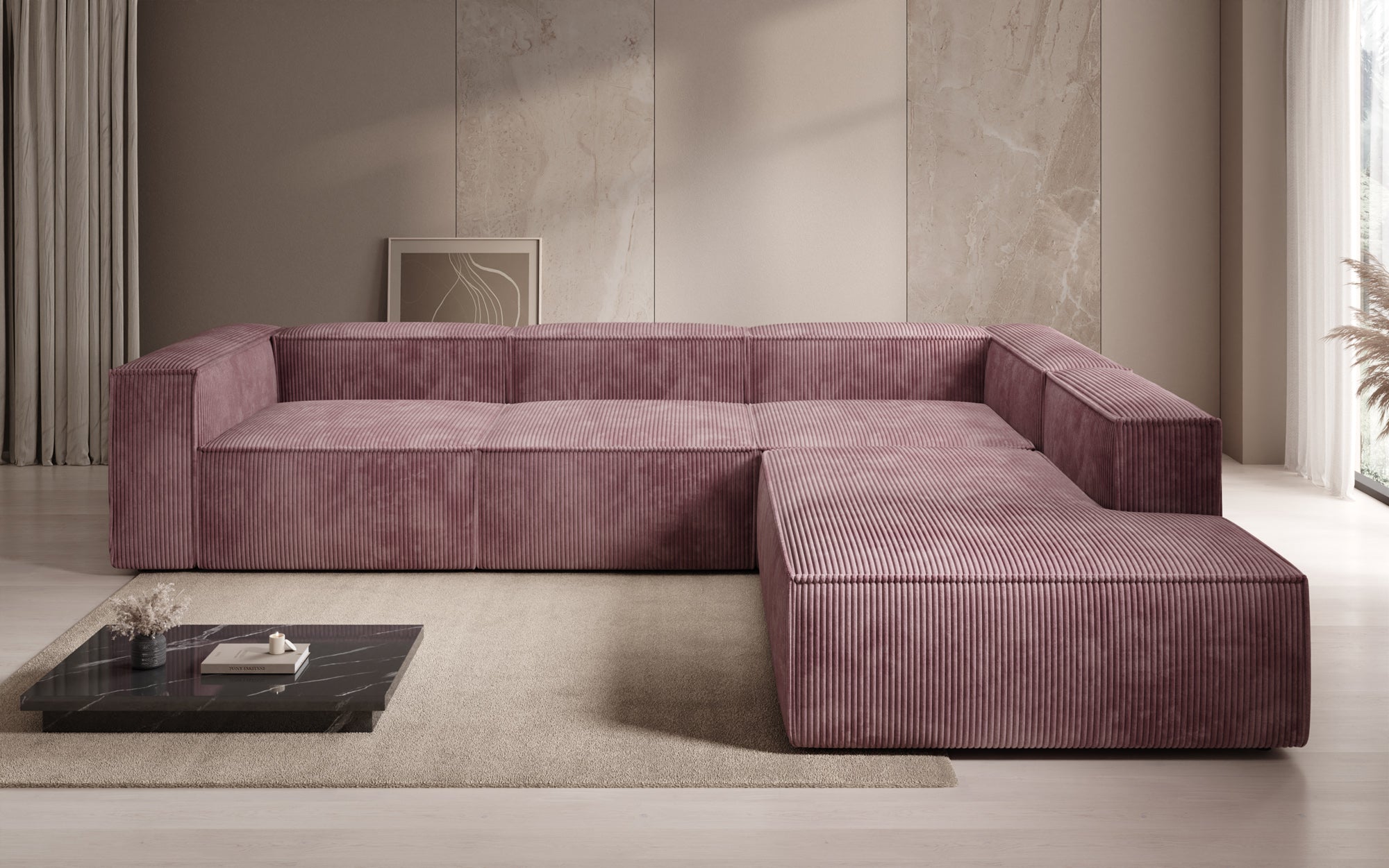 Designer Sofa Lesley L met lange ottomaan in Ribstof