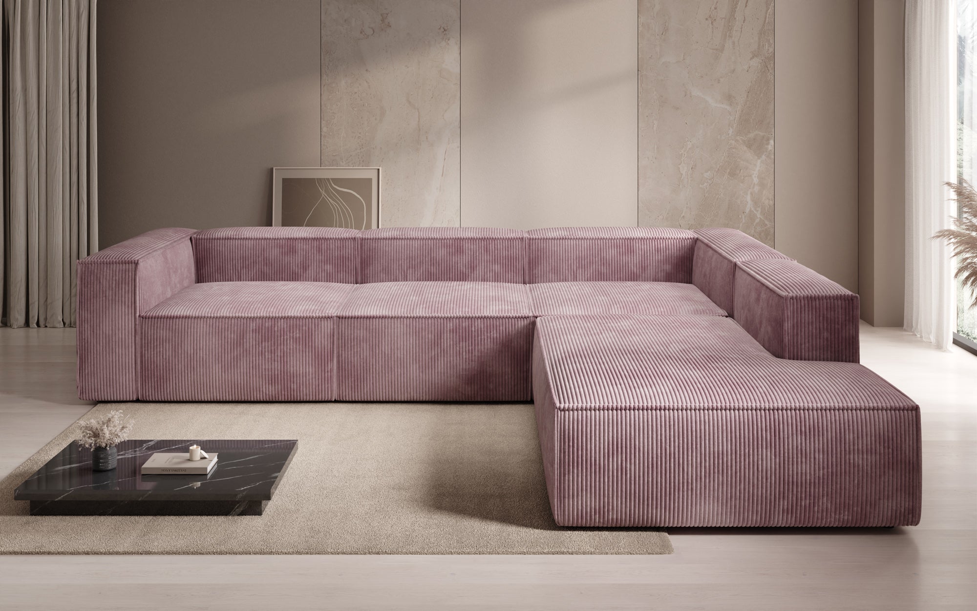 Designer Sofa Lesley L met lange ottomaan in Ribstof