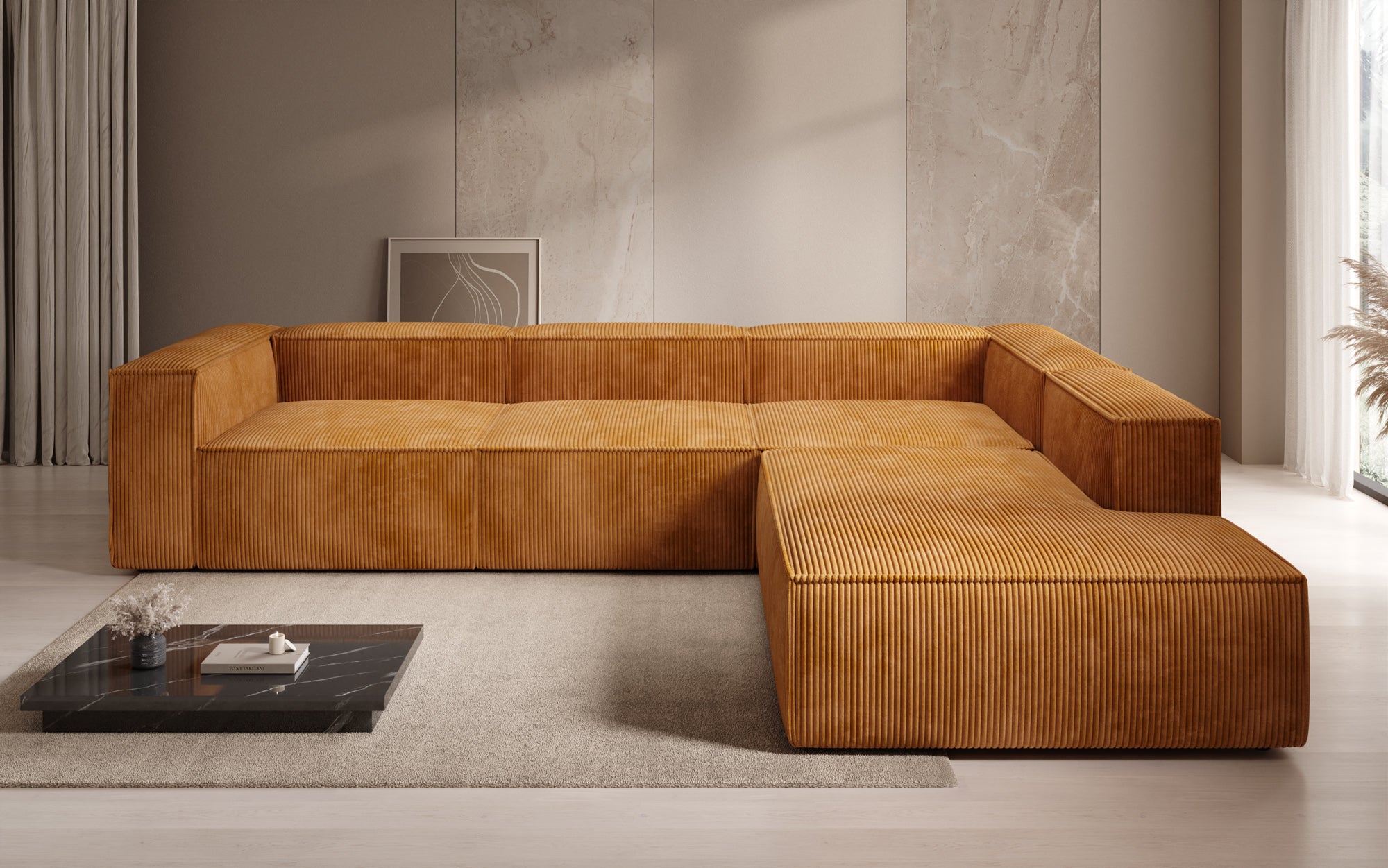 Designer Sofa Lesley L met lange ottomaan in Ribstof