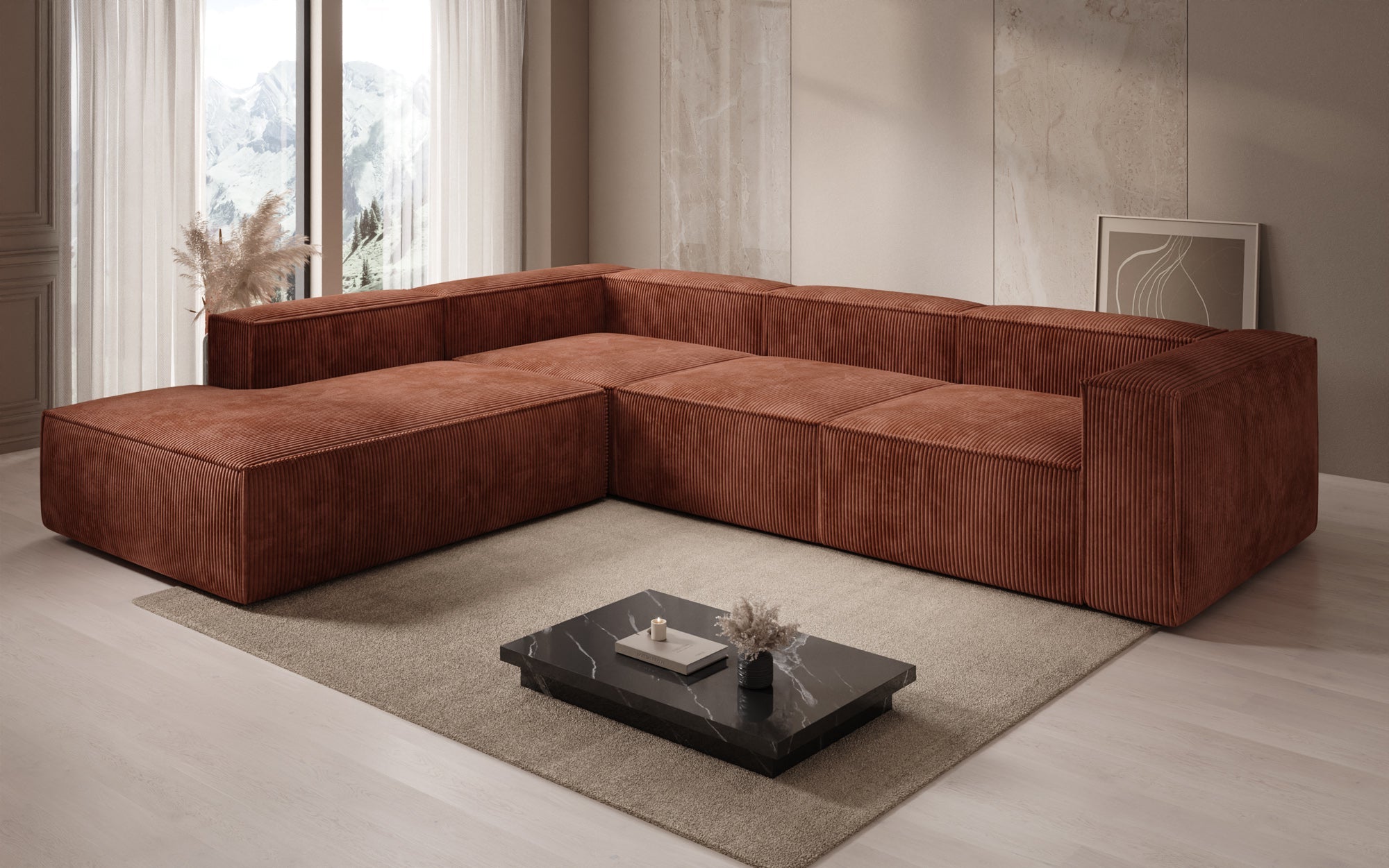 Designer Sofa Lesley L met lange ottomaan in Ribstof