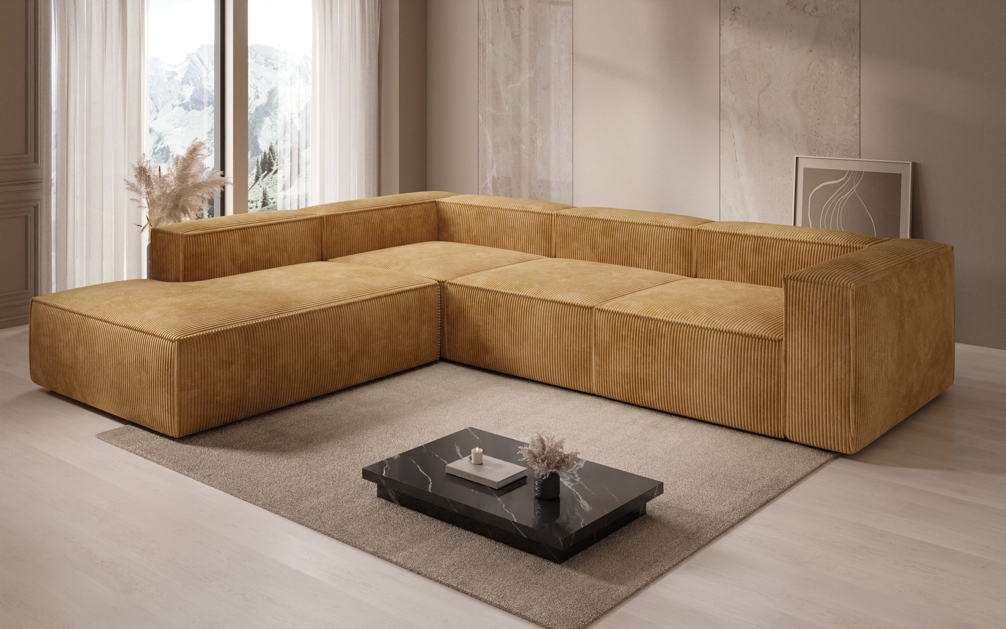 Designer Sofa Lesley L met lange ottomaan in Ribstof