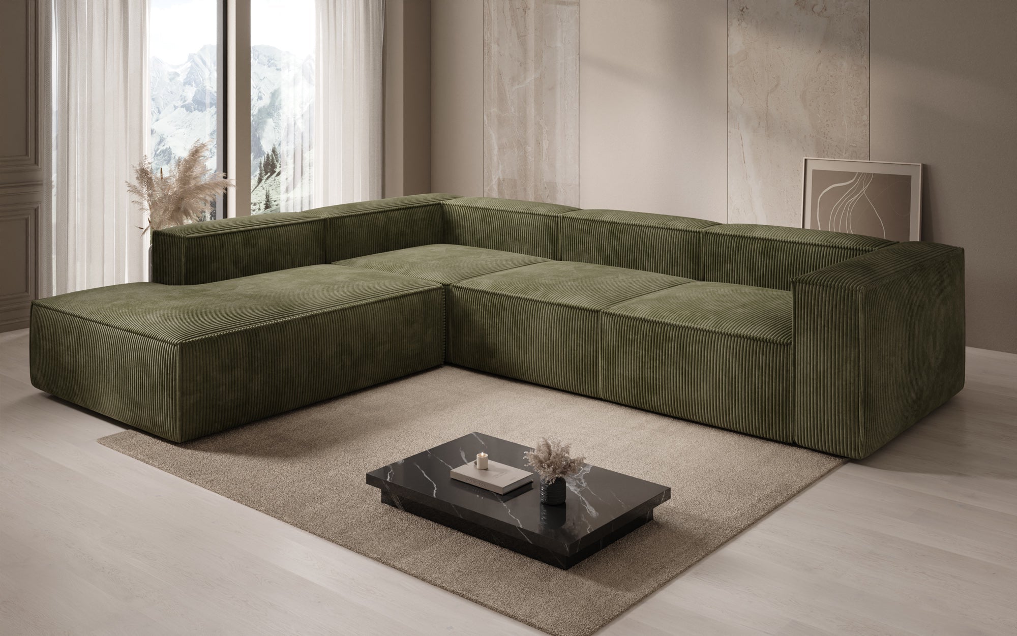 Designer Sofa Lesley L met lange ottomaan in Ribstof