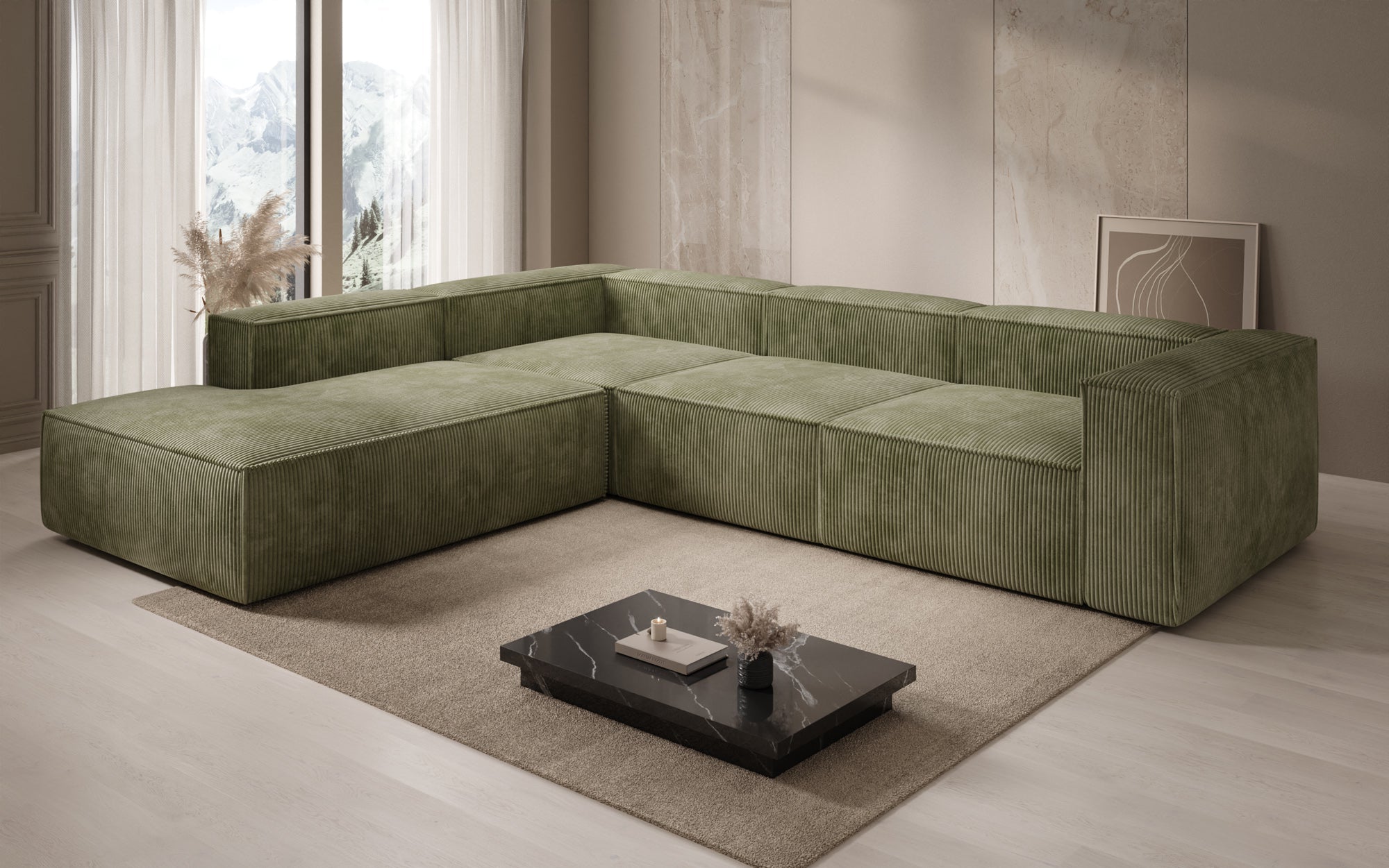 Designer Sofa Lesley L met lange ottomaan in Ribstof