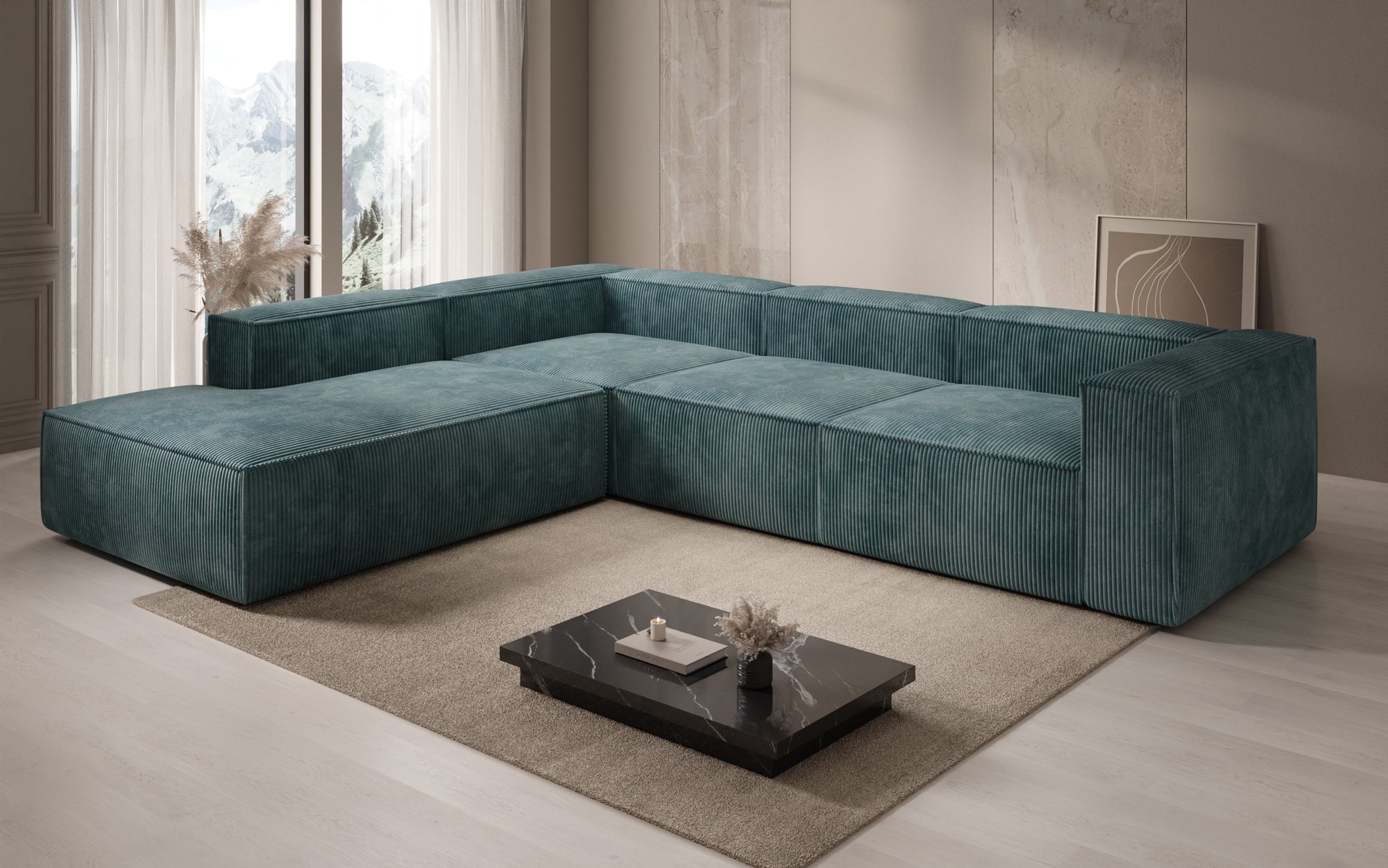 Designer Sofa Lesley L met lange ottomaan in Ribstof