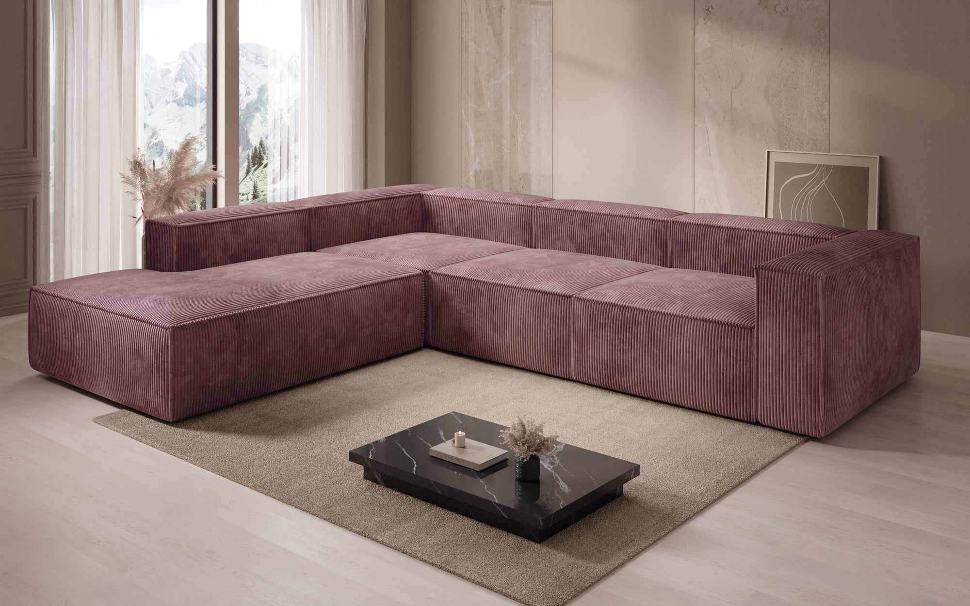 Designer Sofa Lesley L met lange ottomaan in Ribstof