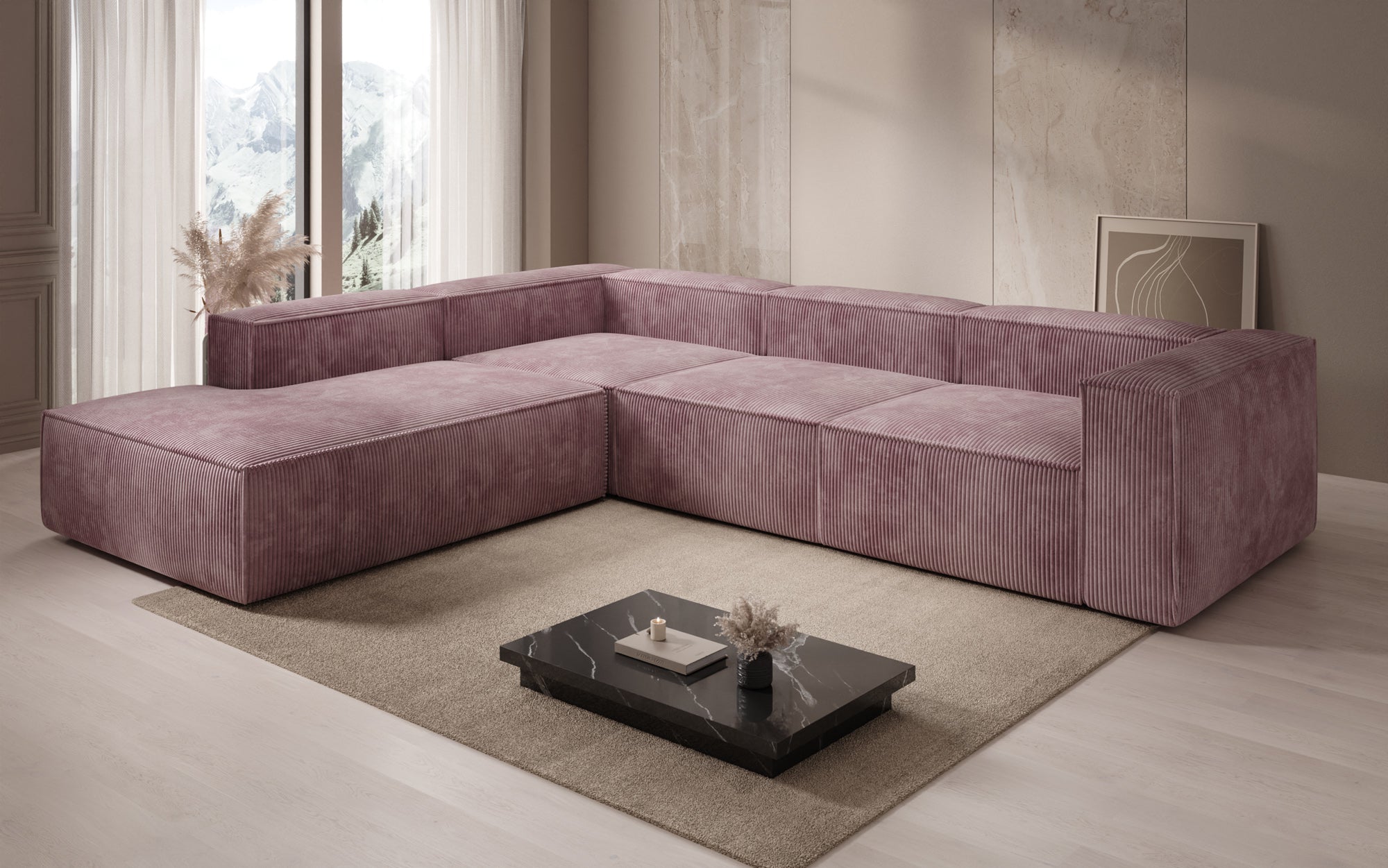 Designer Sofa Lesley L met lange ottomaan in Ribstof