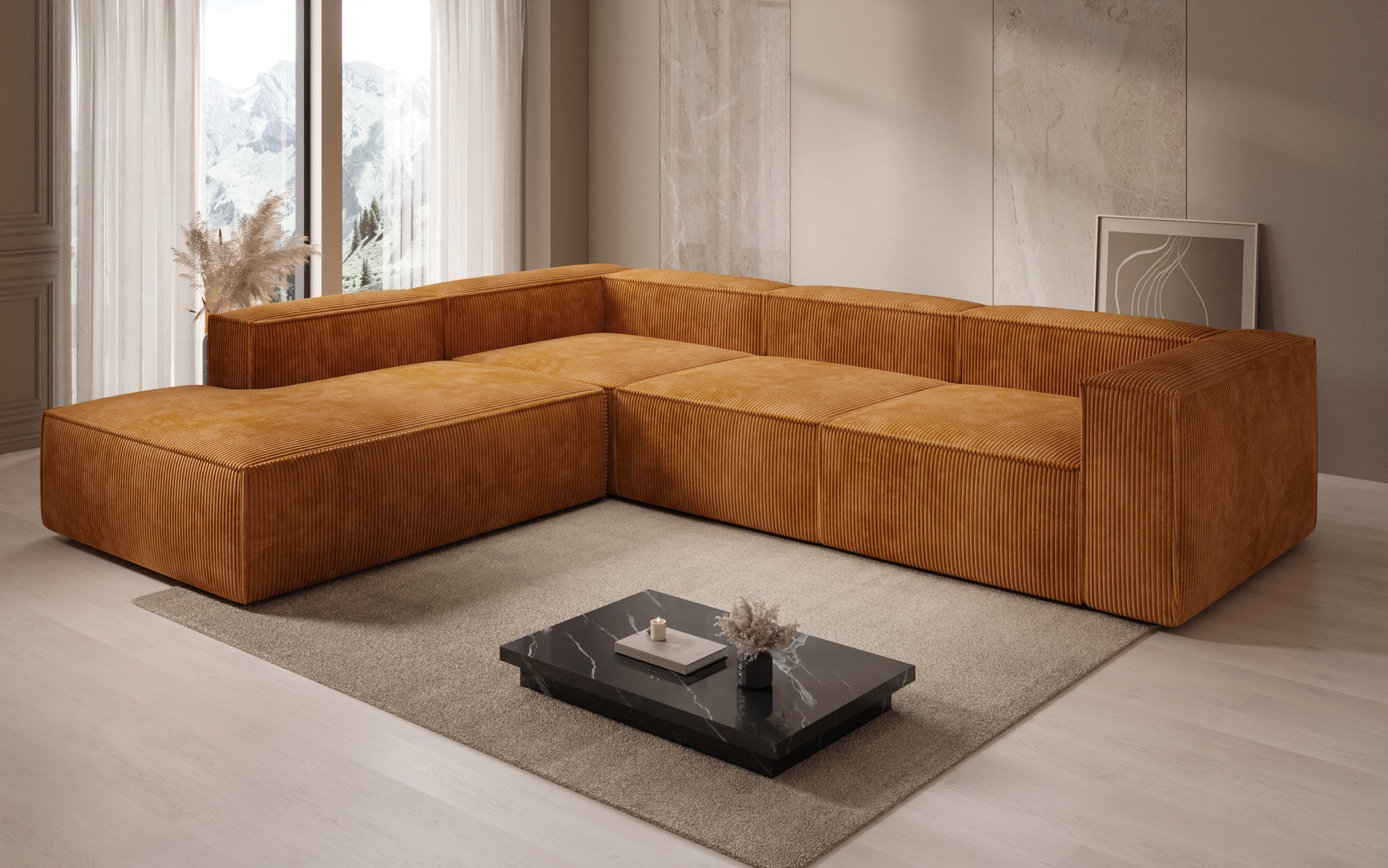 Designer Sofa Lesley L met lange ottomaan in Ribstof