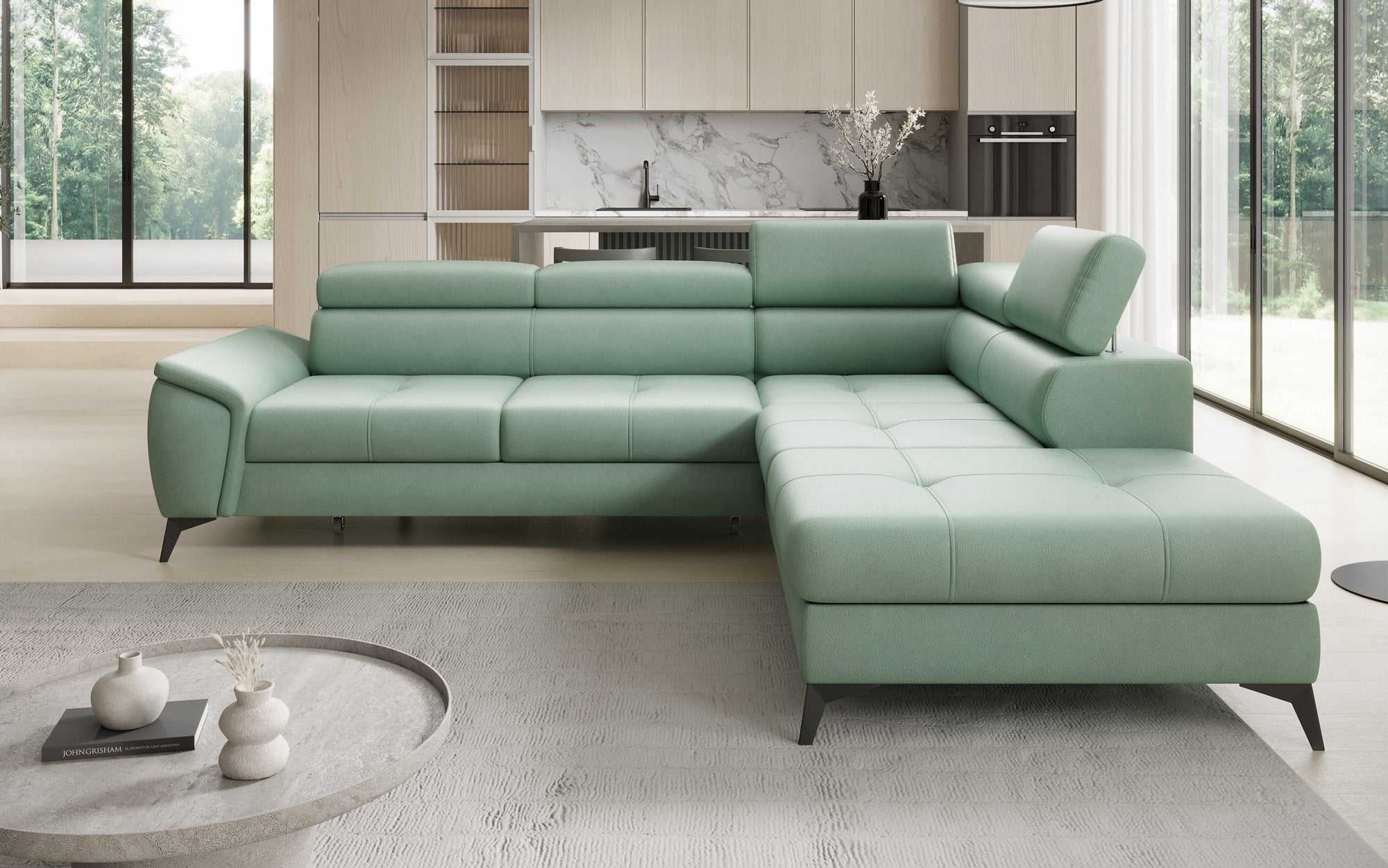 Designer L-bank Aveline met slaapfunctie en opbergruimte in echt leer
