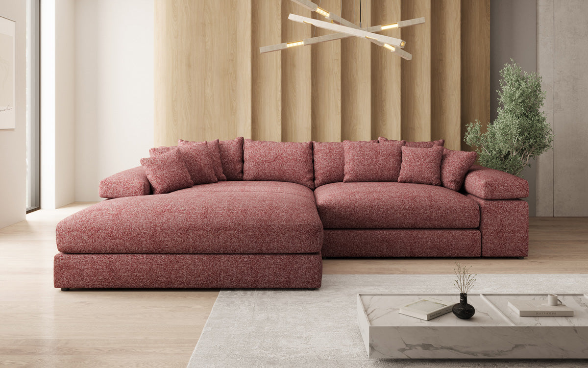 Designer-hoekbank Bernardo met brede ottomane in structuurstof