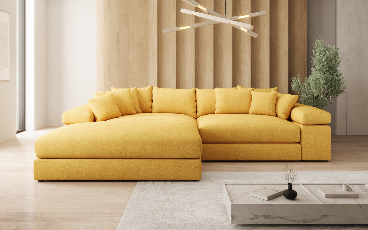 Designer-hoekbank Bernardo met brede ottomane in structuurstof