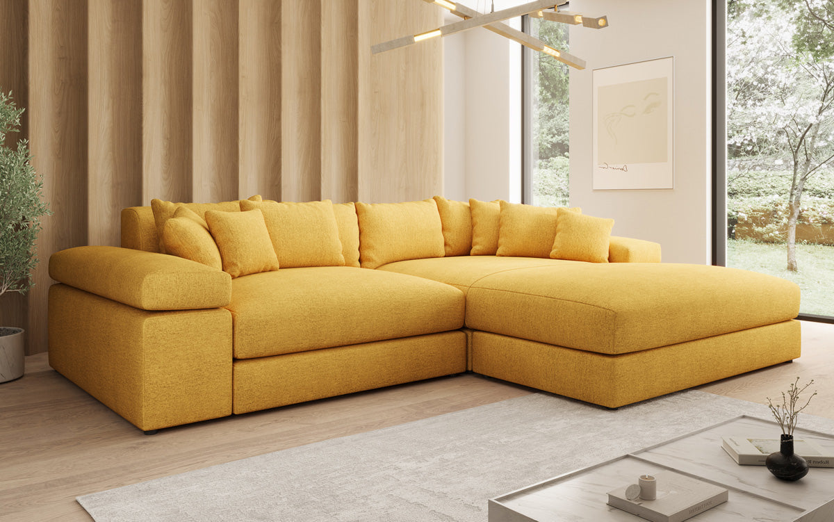 Designer-hoekbank Bernardo met brede ottomane in structuurstof