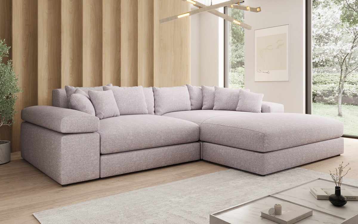 Designer-hoekbank Bernardo met brede ottomane in structuurstof