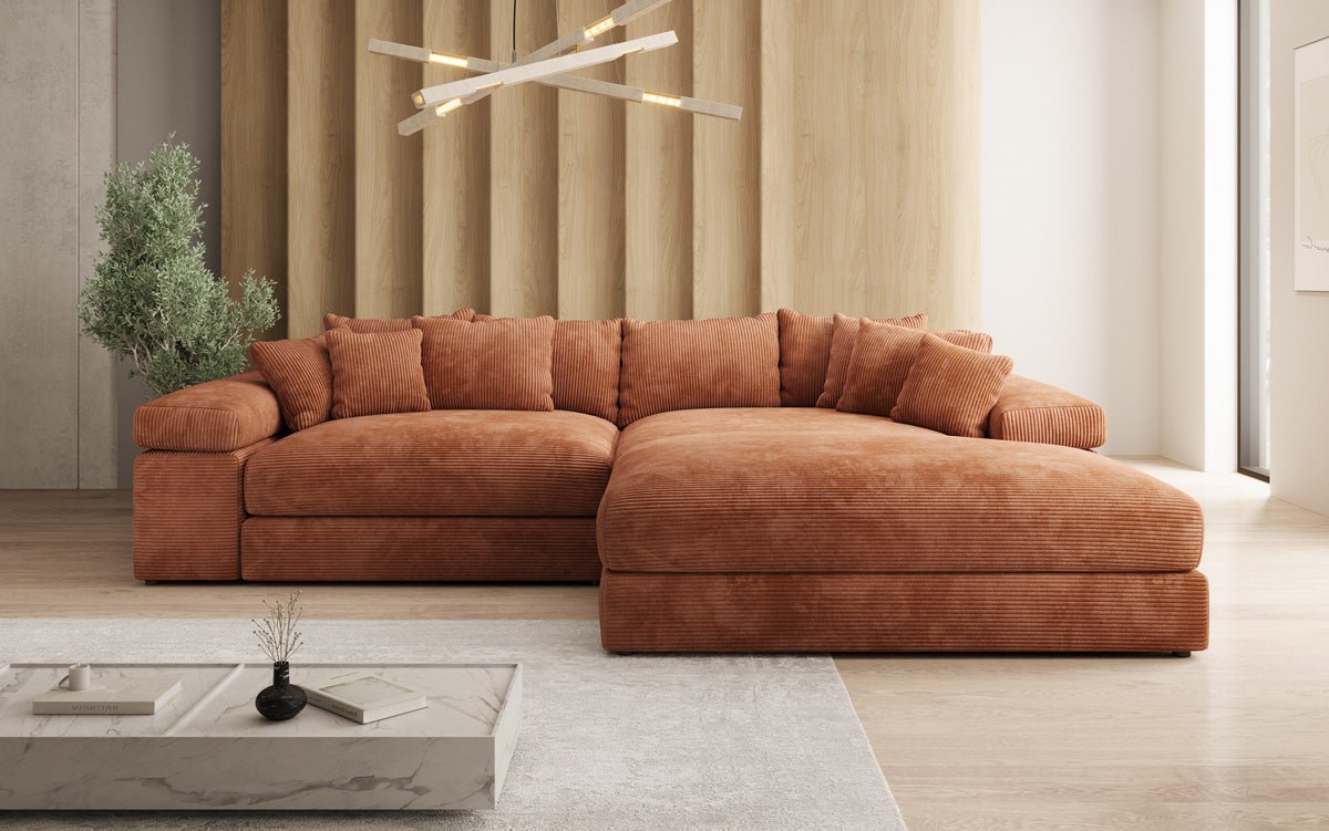 Designerbank Bernardo met brede ottomaan in ribstof