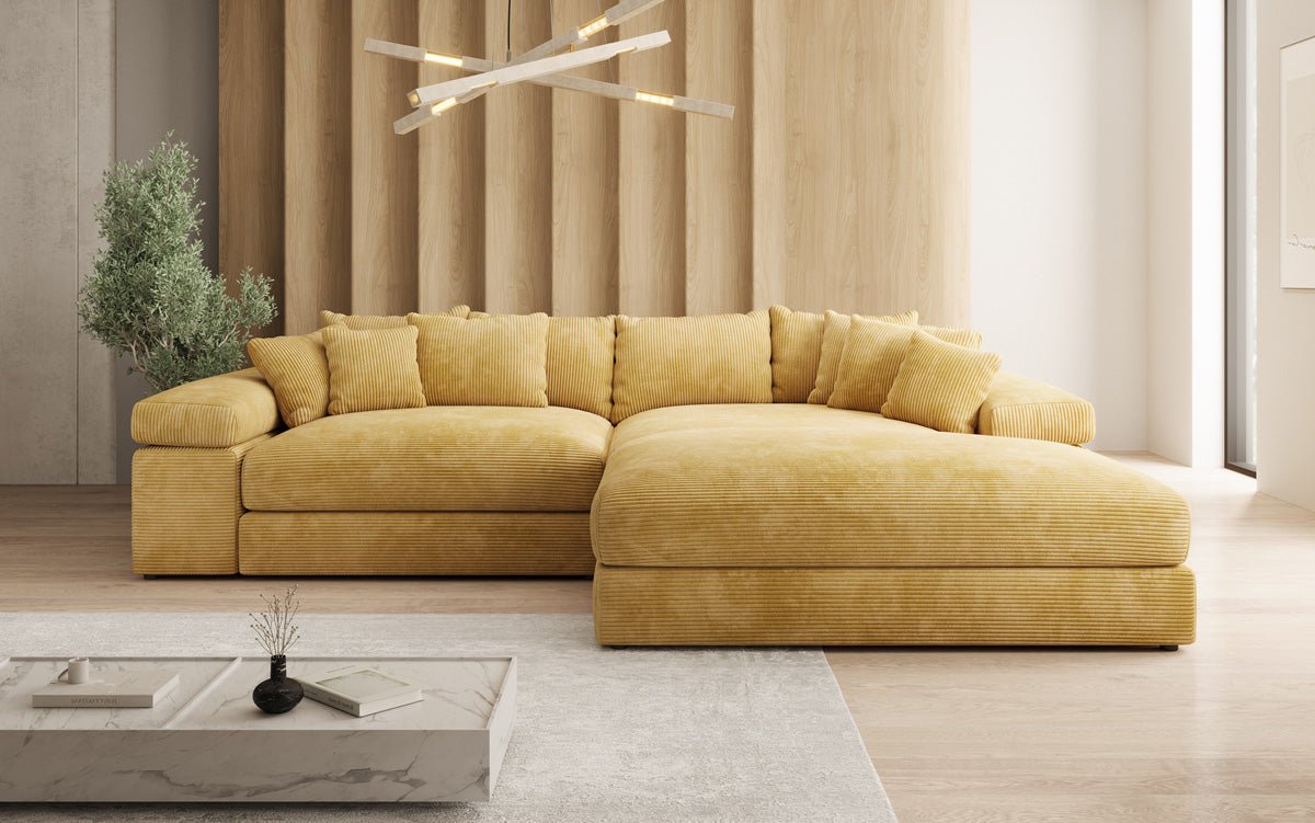 Designerbank Bernardo met brede ottomaan in ribstof