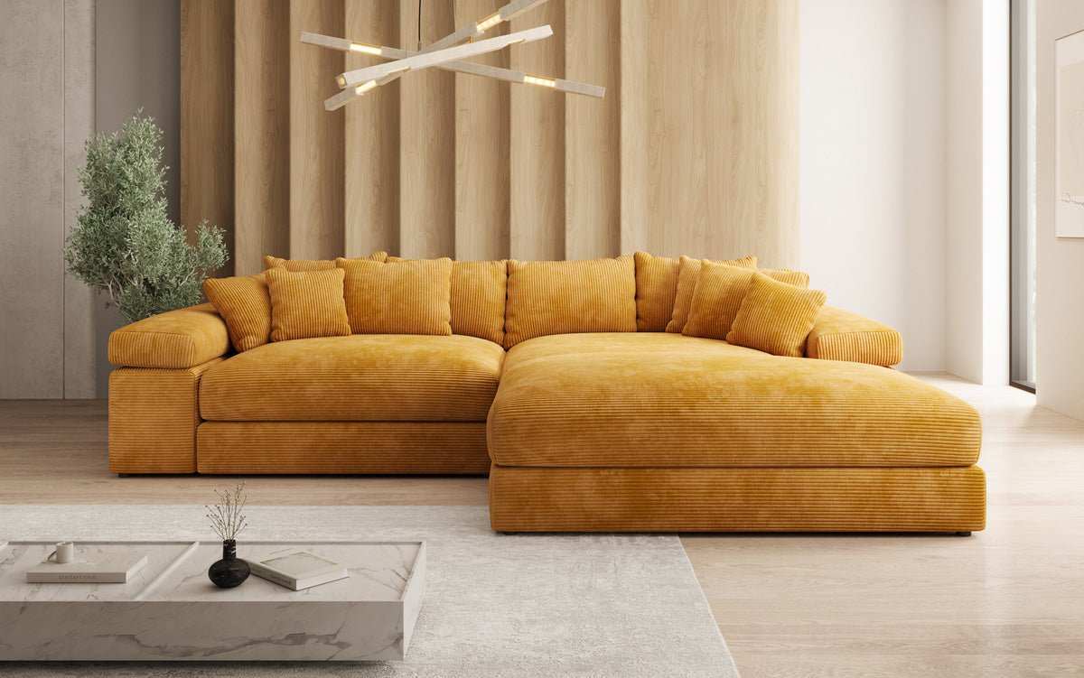 Designerbank Bernardo met brede ottomaan in ribstof