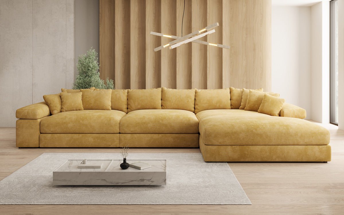 Designersofa Bernardo L Maxi met brede ottomane in ribstof