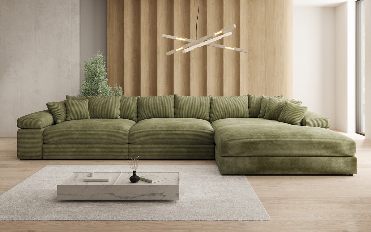 Designersofa Bernardo L Maxi met brede ottomane in ribstof