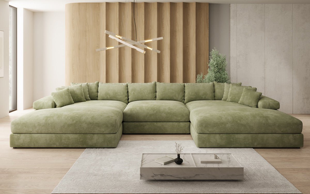 Designersofa Bernardo U met brede ottomane in ribstof