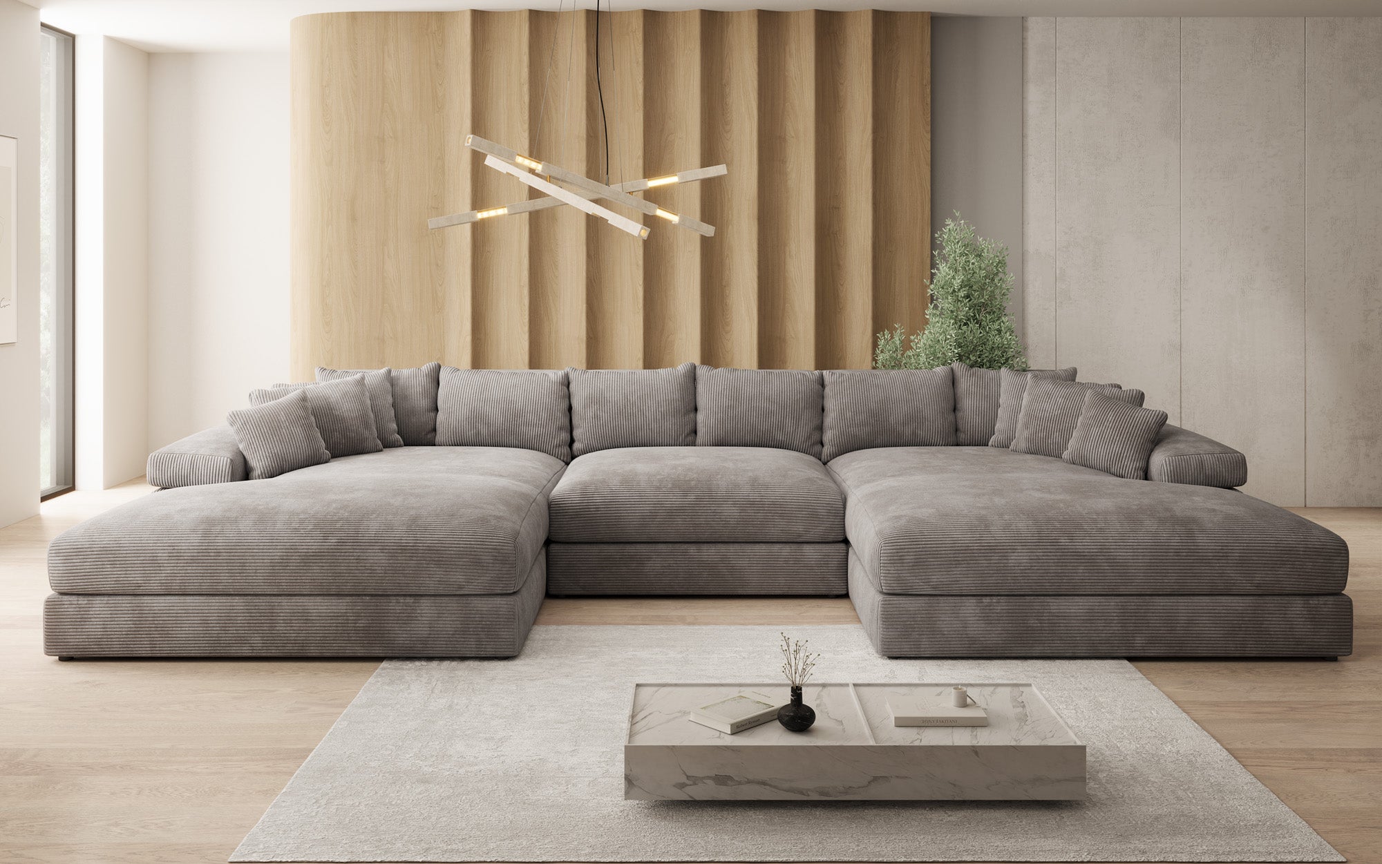 Designersofa Bernardo U met brede ottomane in ribstof