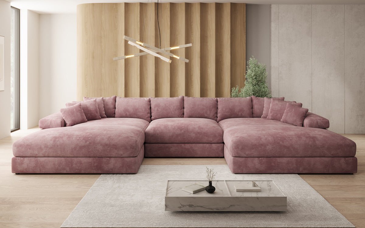 Designersofa Bernardo U met brede ottomane in ribstof