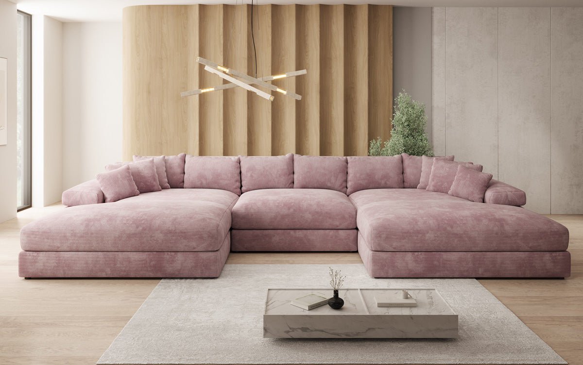 Designersofa Bernardo U met brede ottomane in ribstof