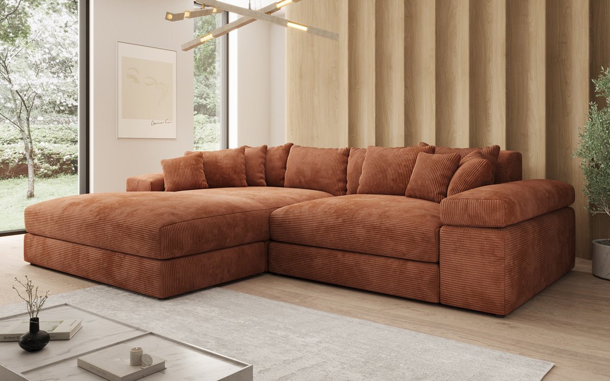 Designerbank Bernardo met brede ottomaan in ribstof