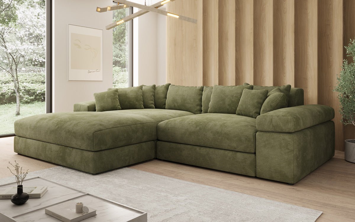 Designerbank Bernardo met brede ottomaan in ribstof