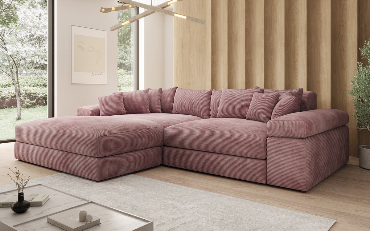 Designerbank Bernardo met brede ottomaan in ribstof