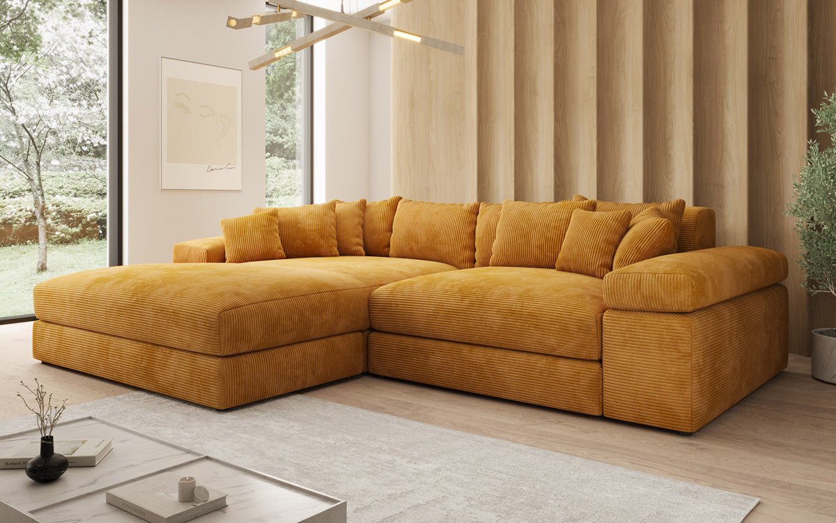 Designerbank Bernardo met brede ottomaan in ribstof