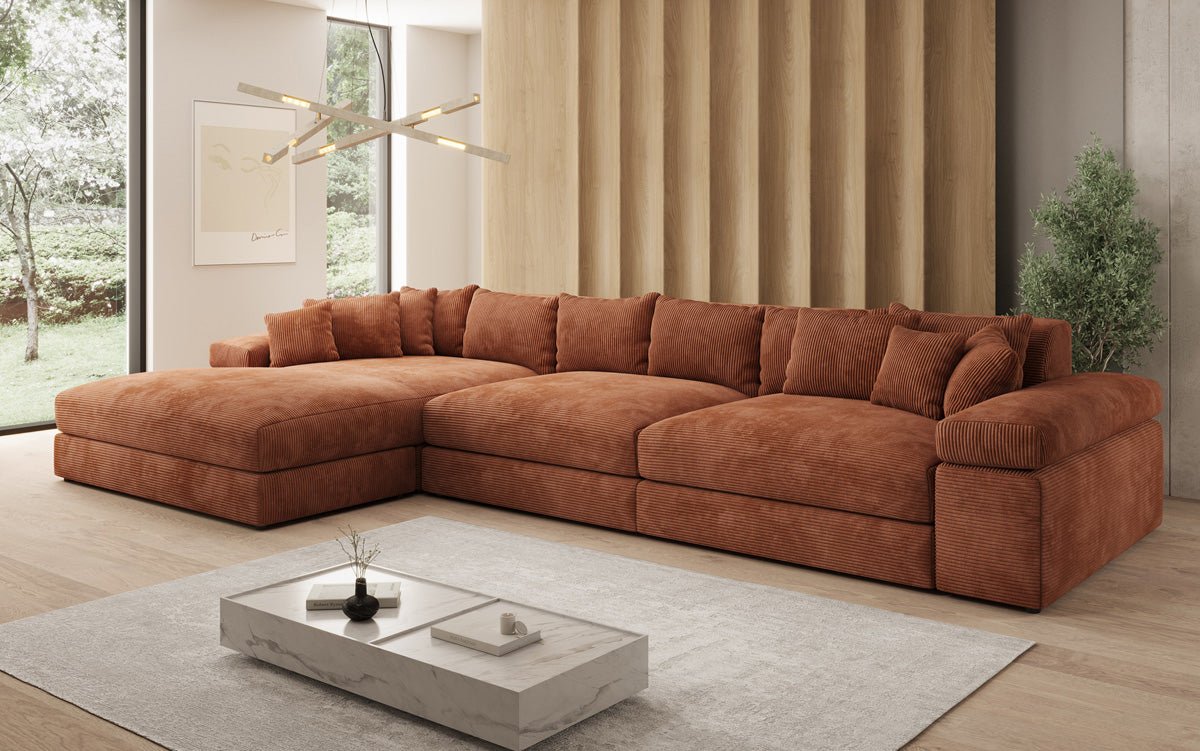 Designersofa Bernardo L Maxi met brede ottomane in ribstof
