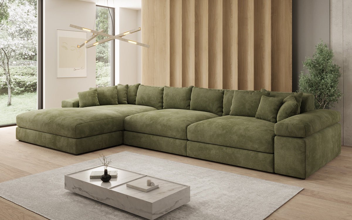 Designersofa Bernardo L Maxi met brede ottomane in ribstof