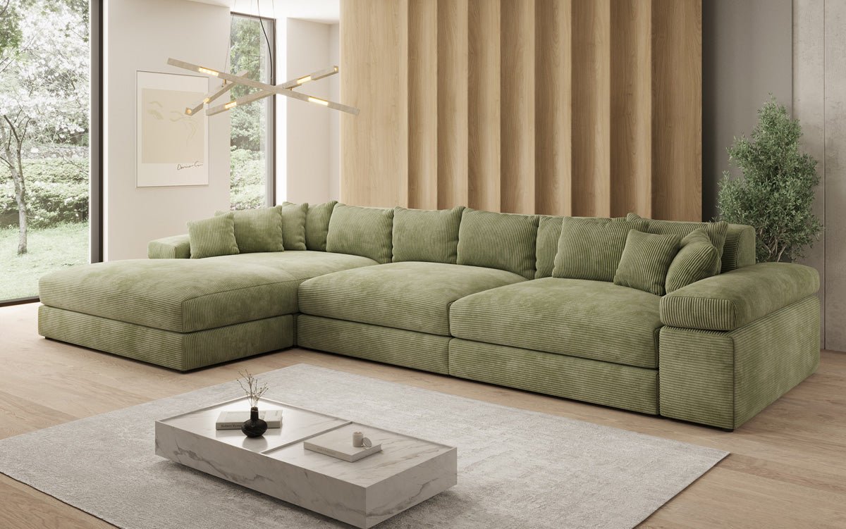 Designersofa Bernardo L Maxi met brede ottomane in ribstof