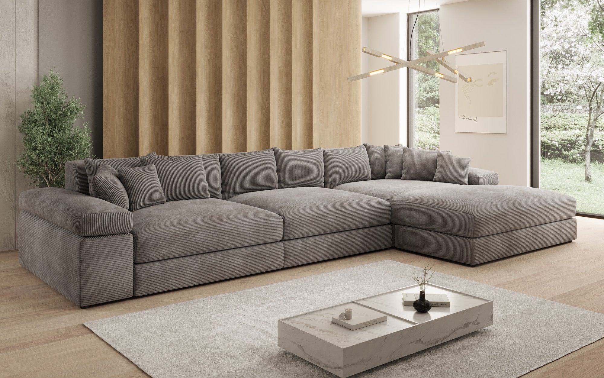 Designersofa Bernardo L Maxi met brede ottomane in ribstof