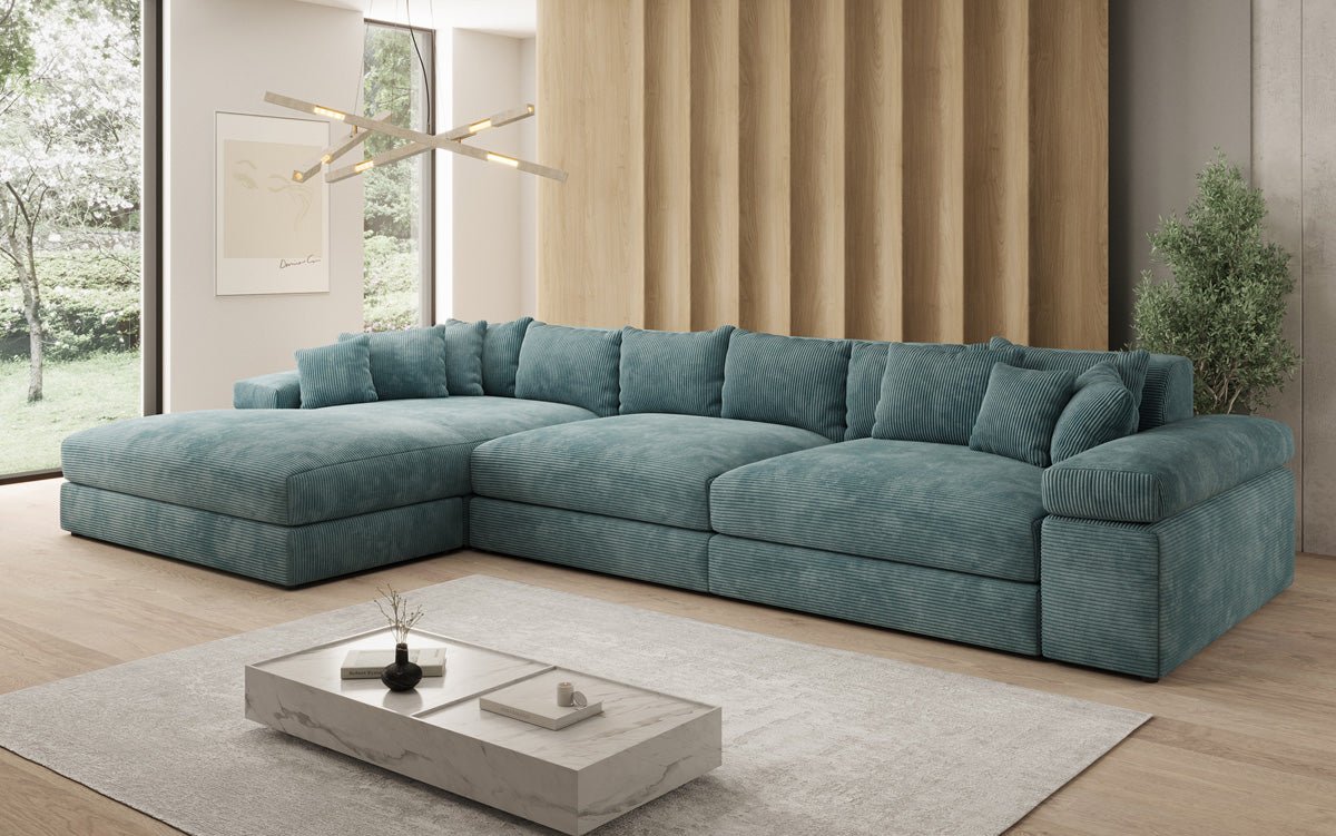 Designersofa Bernardo L Maxi met brede ottomane in ribstof