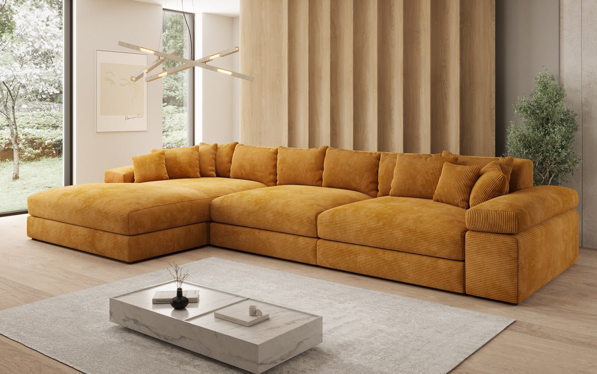 Designersofa Bernardo L Maxi met brede ottomane in ribstof