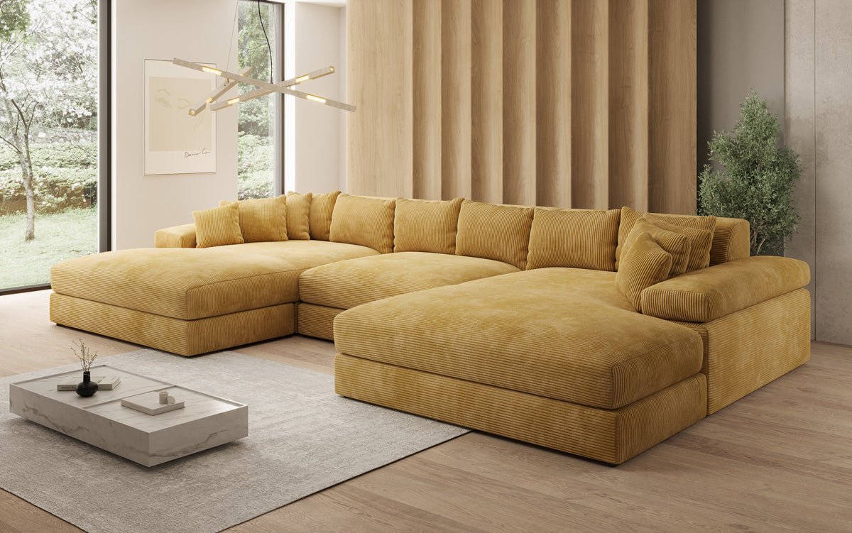 Designersofa Bernardo U met brede ottomane in ribstof
