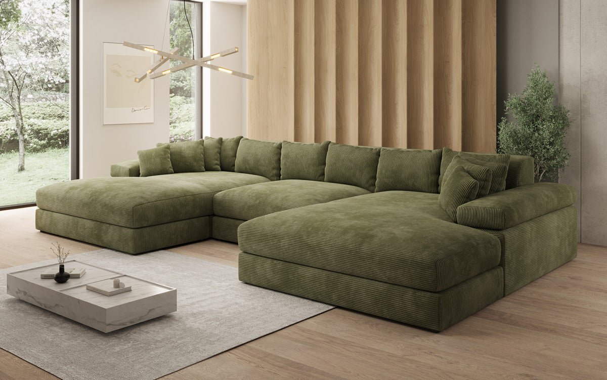 Designersofa Bernardo U met brede ottomane in ribstof