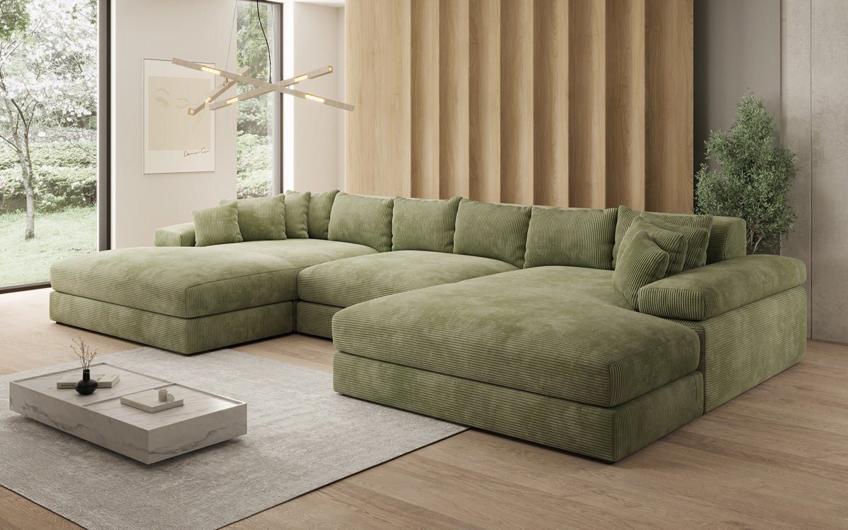Designersofa Bernardo U met brede ottomane in ribstof